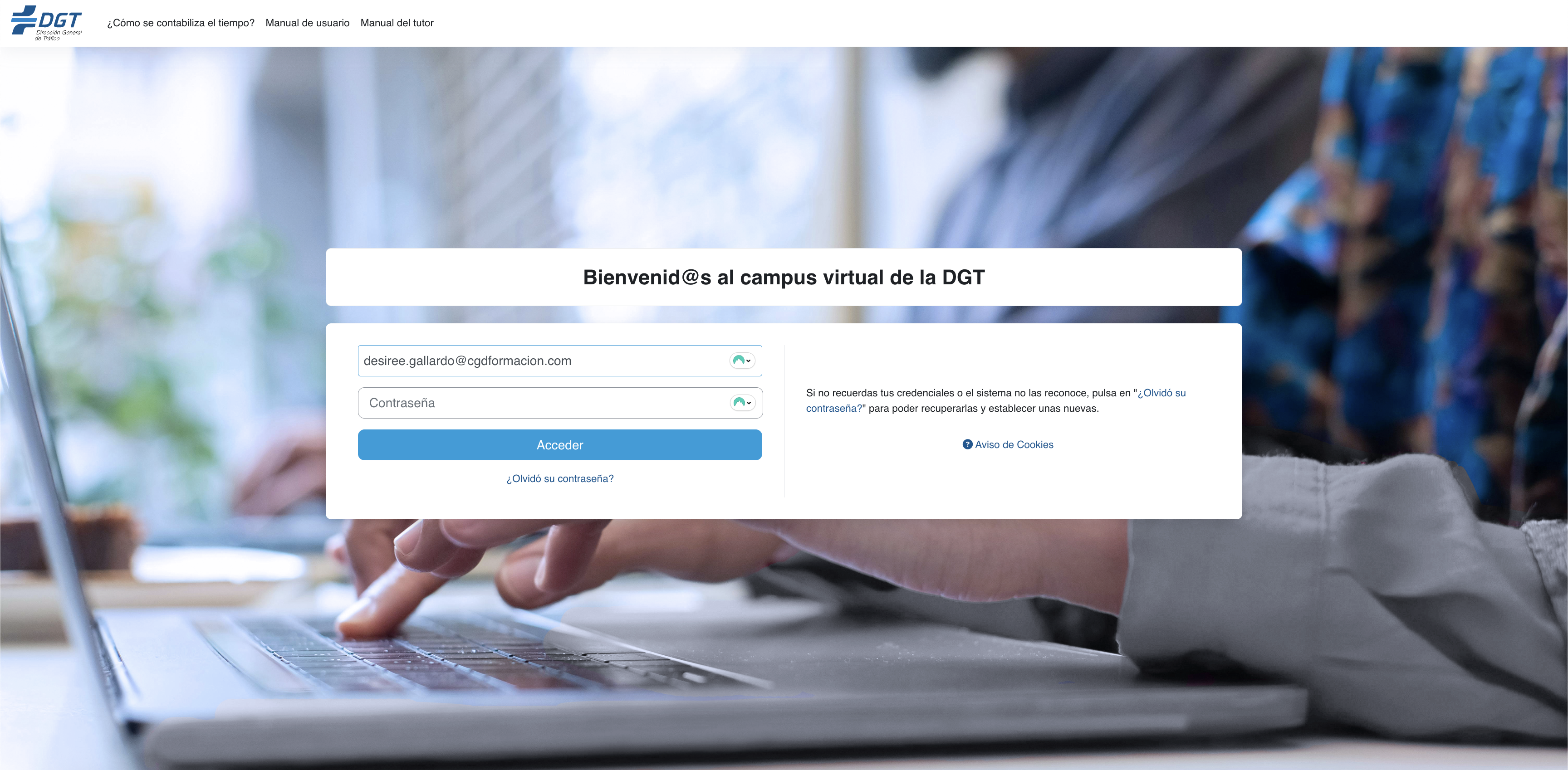 Pantalla del Campus Virtual de la Dirección General de Tráfico desarrollado por CGD e-Learning Center