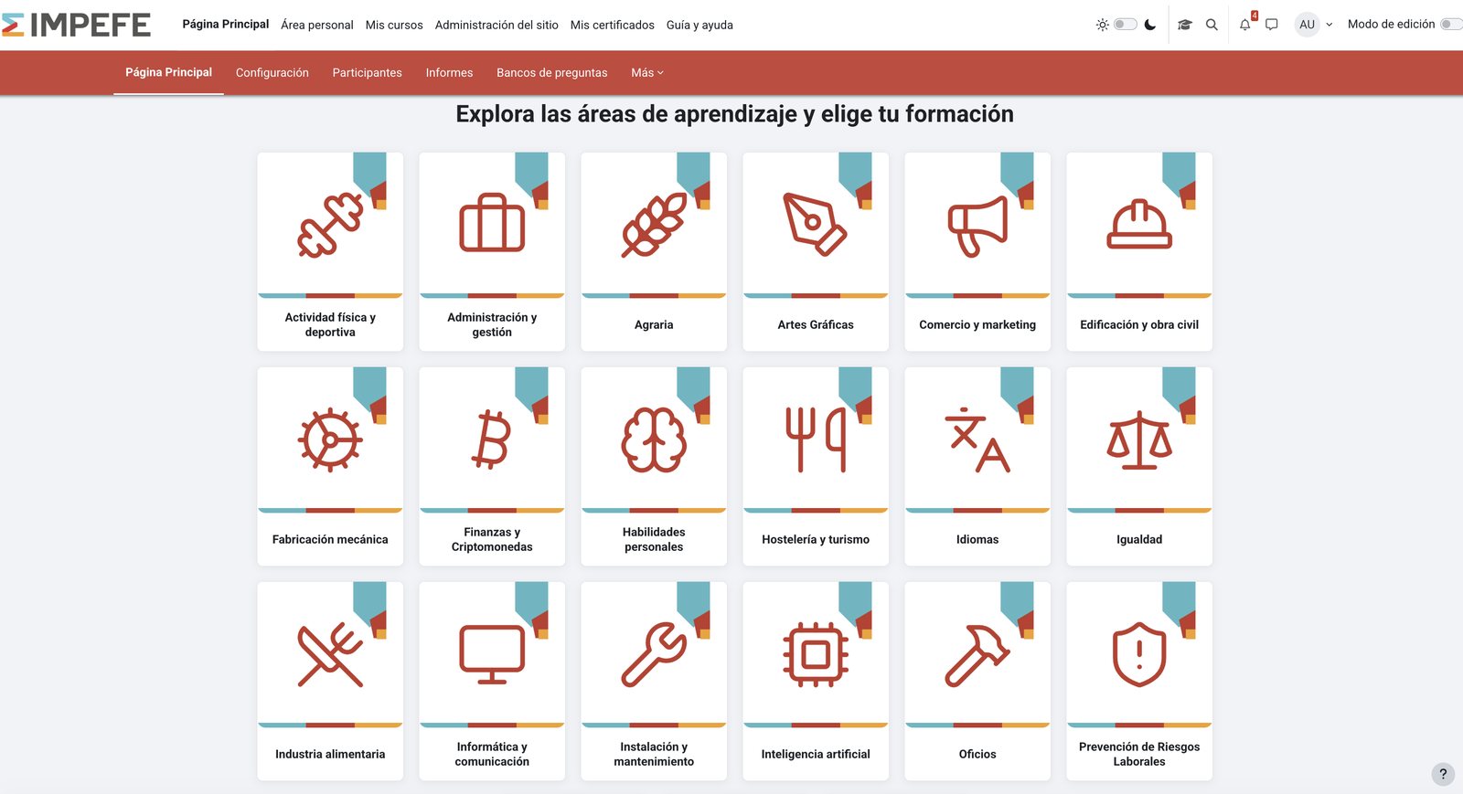 AulaIMPEFE, el campus virtual del Instituto Municipal de Promoción Económica, Formación y Empleo de Ciudad Real, con sus áreas de aprendizaje